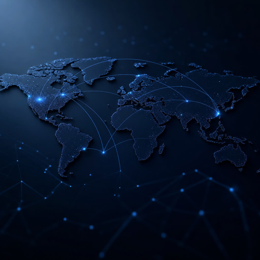 Abstract network of blue light paths over a dark world map