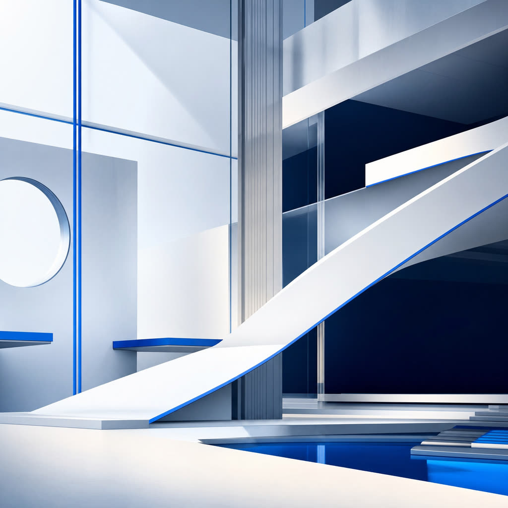 Bright architectural composition with thin blue structural lines