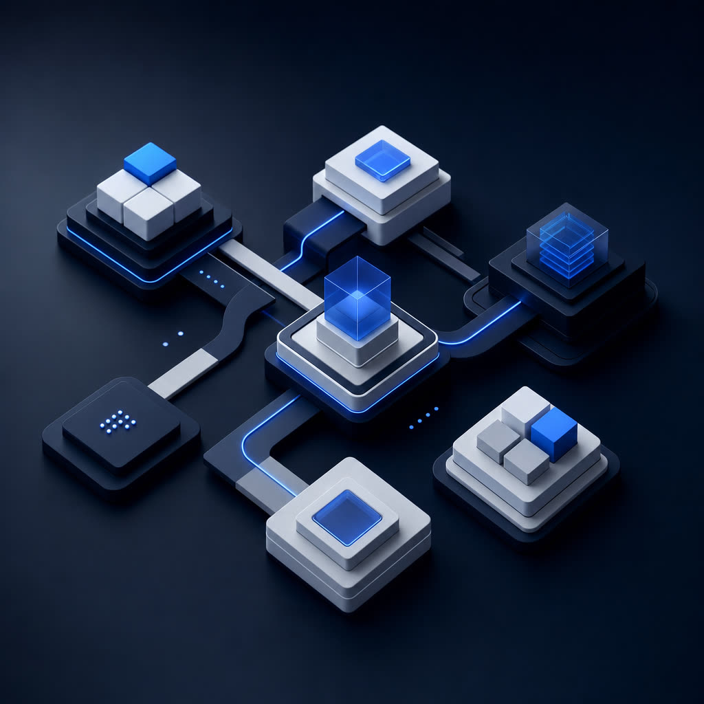 Abstract modular blocks connected by clean blue pathways